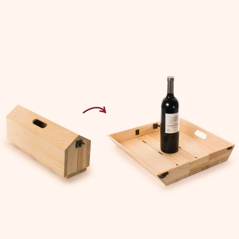Caja de madera FSC para regalo vino y bandeja