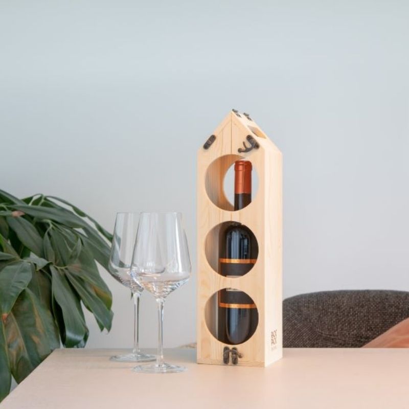 Caja madera FSC regalo botella vino y botellero